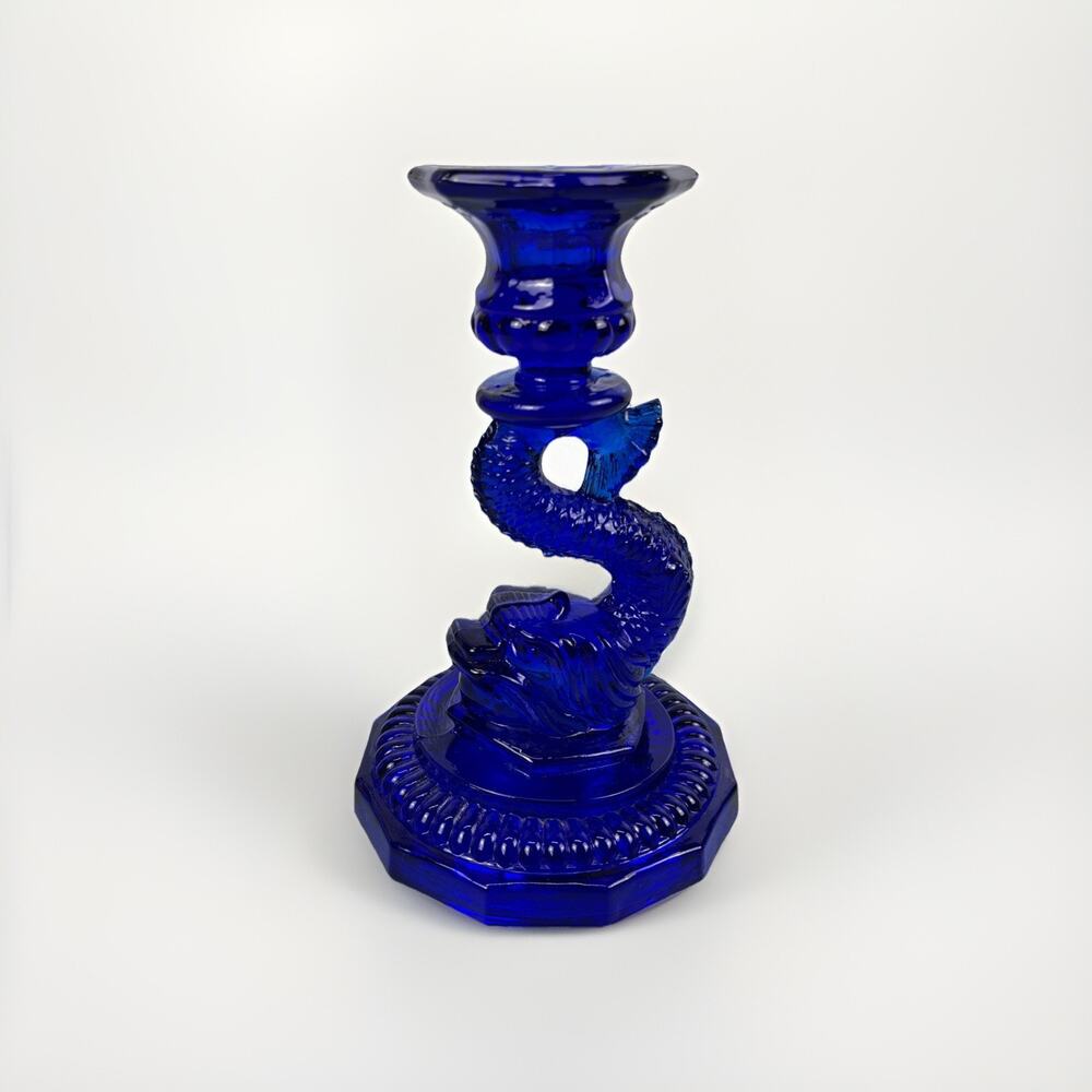 Vintage Cobalt Blue Bearded Koi Portieux Vallerysthal Candlestick Holder Art Dec